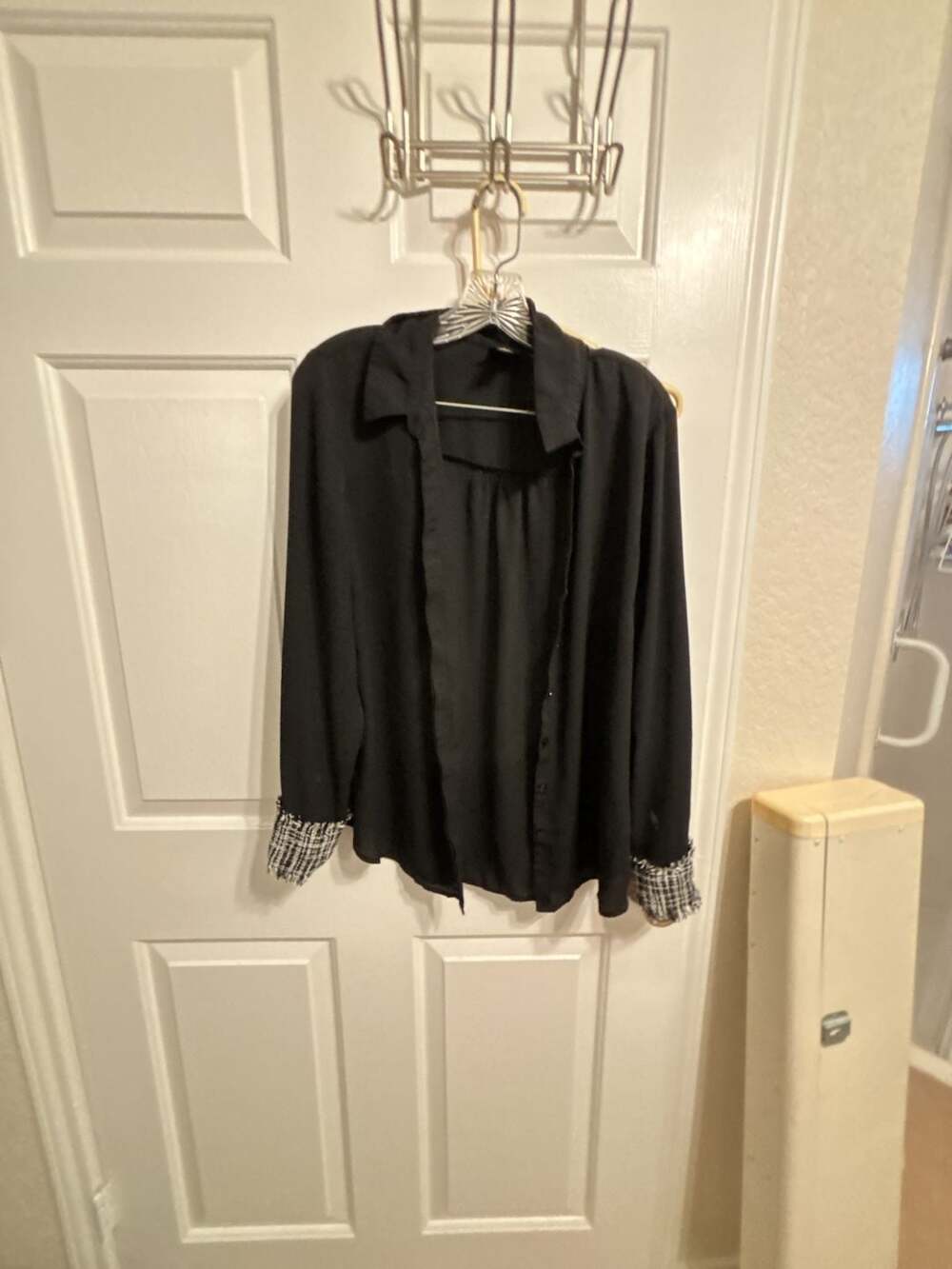 Worthington Black Button Down Blouse with Plaid Tweed Cuffs